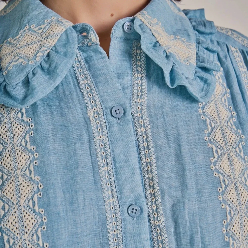 English Factory Women's Blue embroidered ruffle vintage Victorian Blouse NWT - Picture 3 of 5